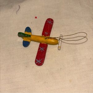 Vintage Airplane Wood Christmas Tree Ornament Handpainted 3" Across